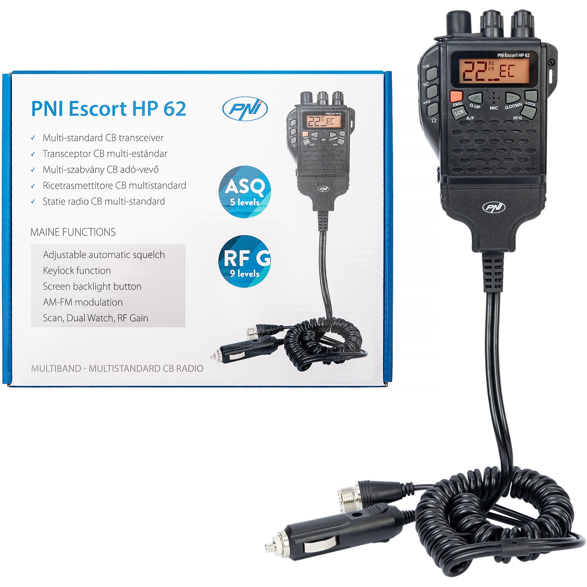 Fotografie Statie radio CB portabila PNI Escort HP 62, multi standard, 4W, 12V, AM-FM, ASQ reglabil pe 5 niveluri, RF Gain pe 9 niveluri, Dual Watch, Scan, Lock