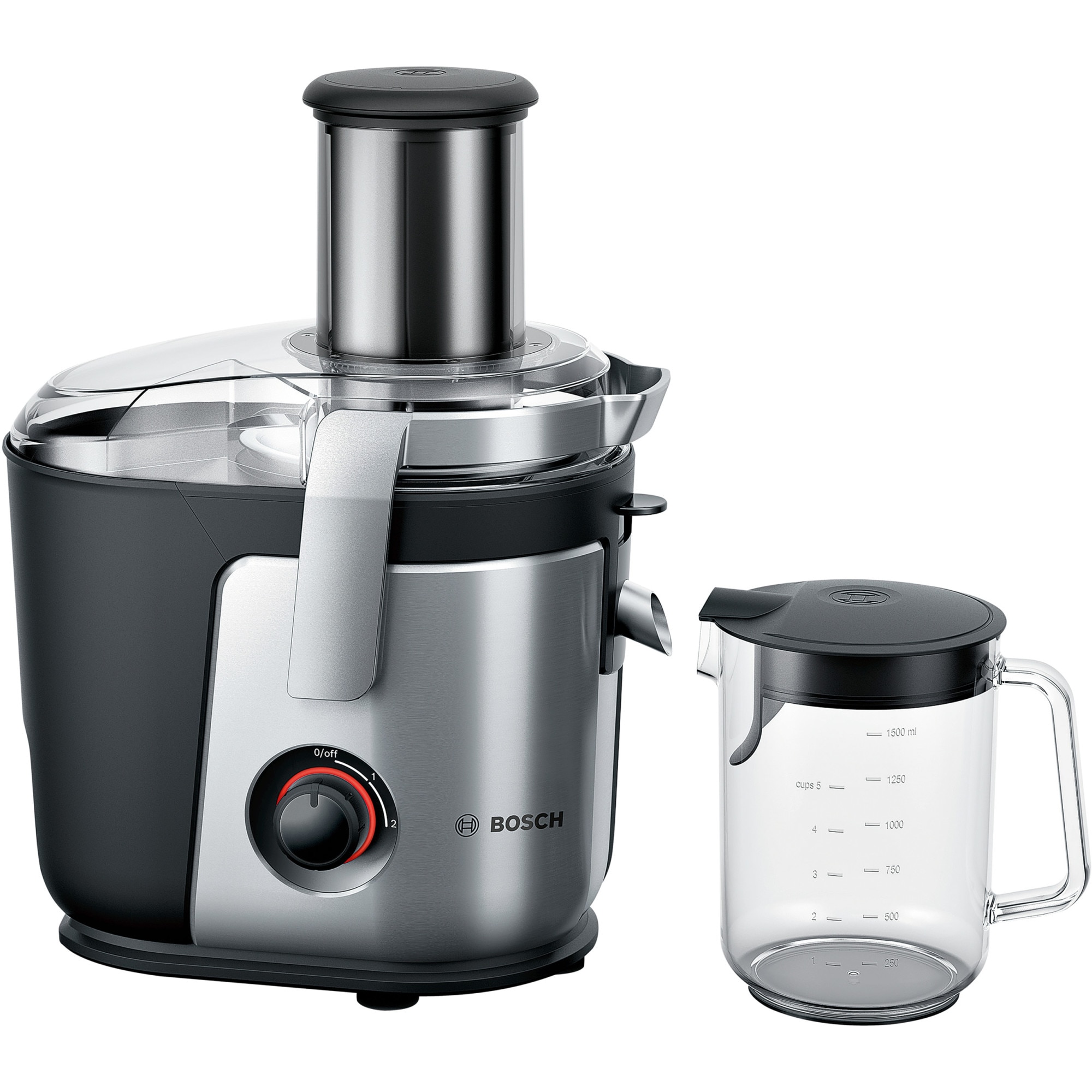 Fotografie Storcator de fructe si legume Bosch MES4000, 1000 W, recipient suc 1.5 l, recipient pulpa 3 l, 2 viteze, tub de alimentare 84 mm, argintiu/ negru