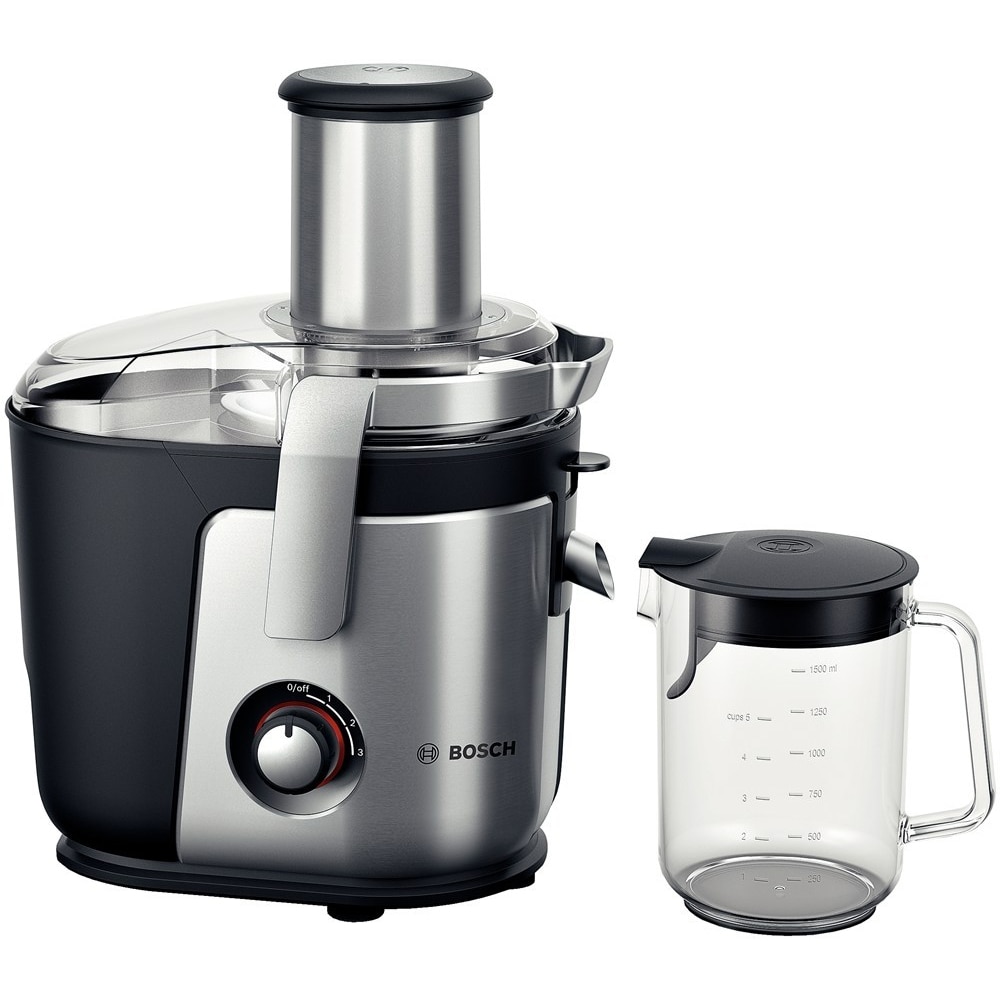 Fotografie Storcator de fructe si legume Bosch MES4010, 1200 W, Recipient suc 1.5 l, Recipient pulpa 3 l, 3 Viteze, Tub de alimentare 84 mm, Argintiu/Negru