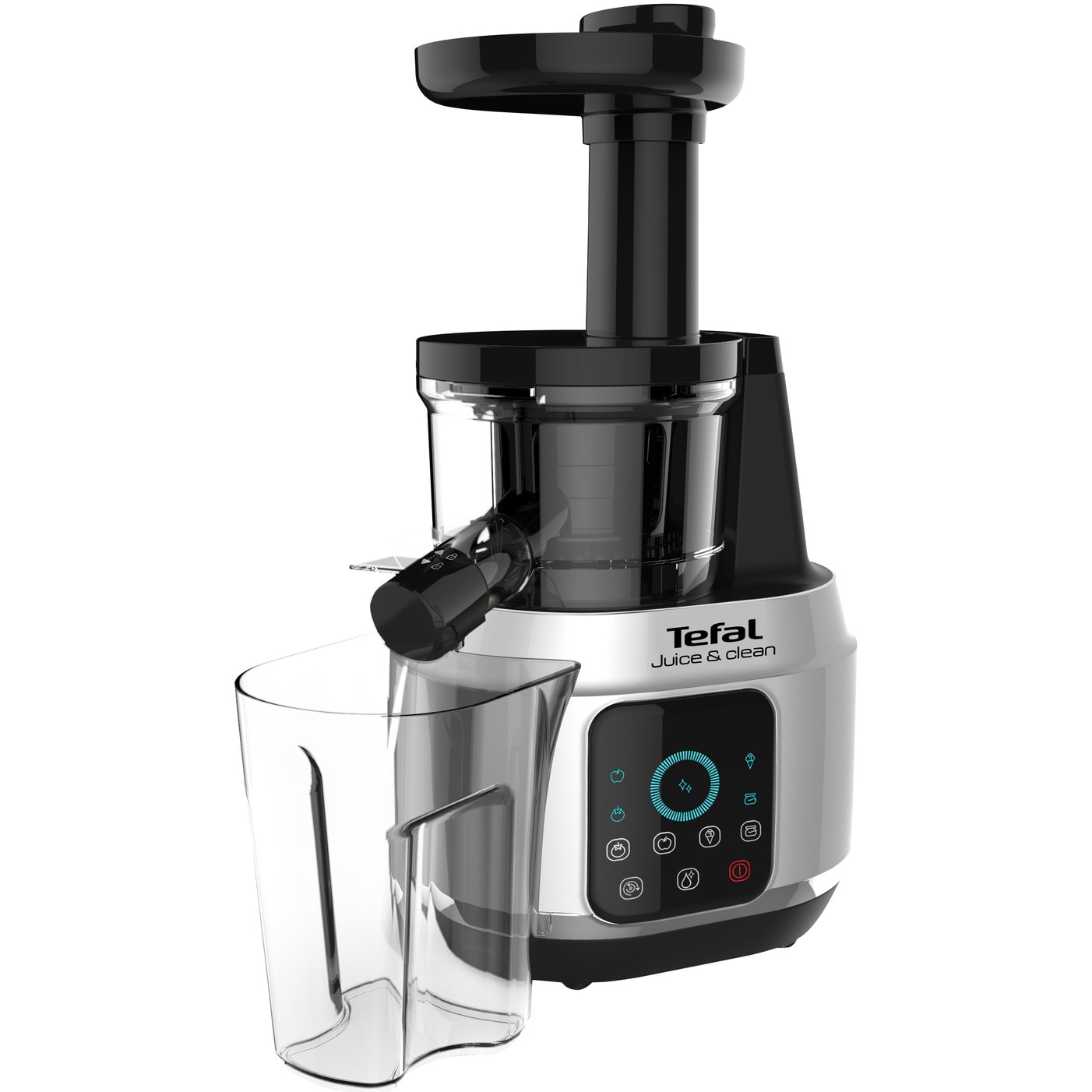 Fotografie Storcator de fructe si legume cu melc Tefal Juice N’Clean ZC420E38, 150W, recipient suc 0.8L, 2 filtre, 80 RPM, sistem antipicurare, 4 trepte de viteza, functie reverse, negru & argintiu