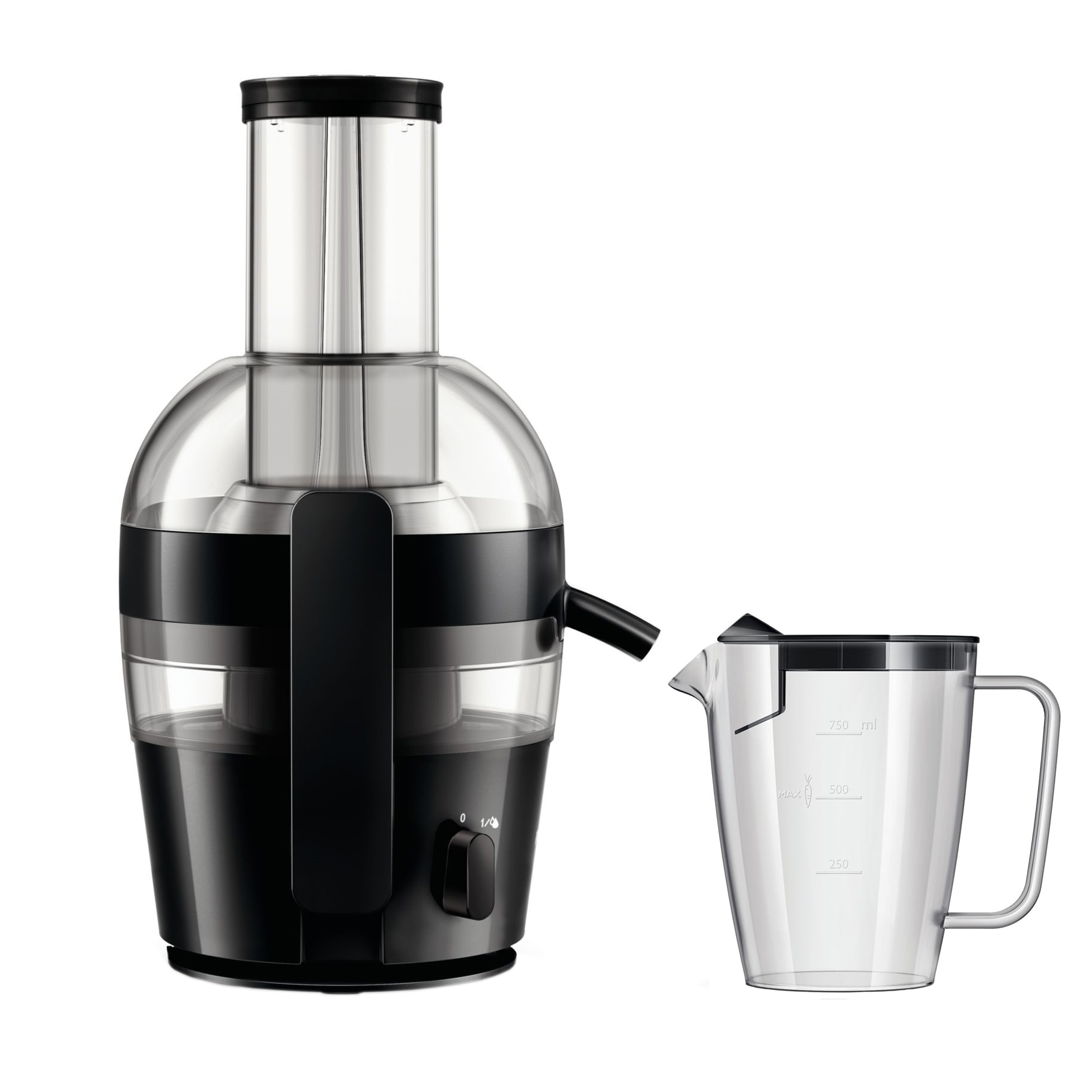 Fotografie Storcator de fructe si legume Philips Viva Collection HR1855/70, 800 W, 1 Viteza, Tub de alimentare XL (75 mm), Tehnologie QuickClean, Sita QuickClean, recipient suc 0.8L, recipient pulpa 1.2L, negru