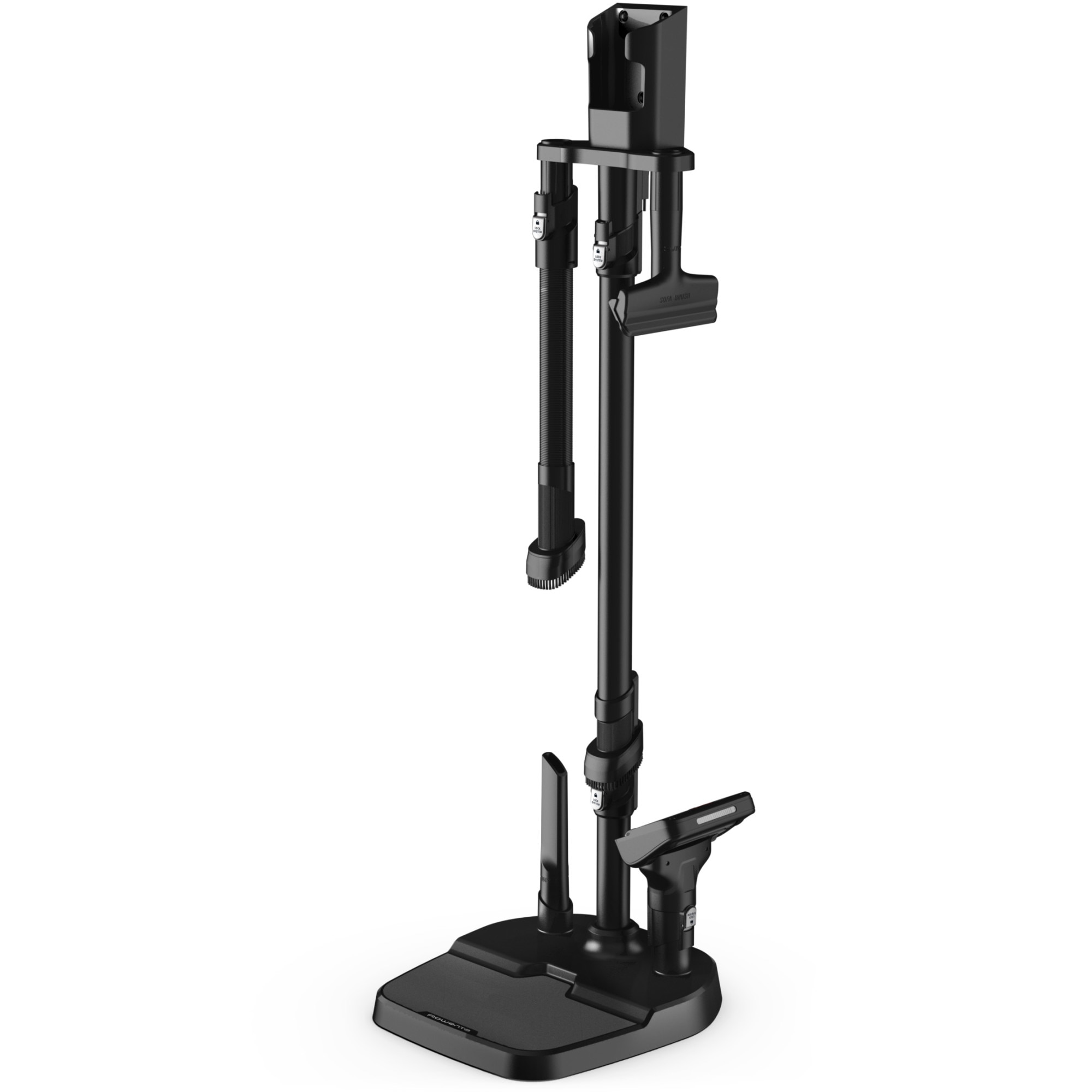 Fotografie Suport de podea pentru andocare si incarcare Rowenta ZR905003 cu orificii pentru accesorii, compatibil gama de aspiratoare X-Force Flex 14.60 / 15.60 RH99xx, negru