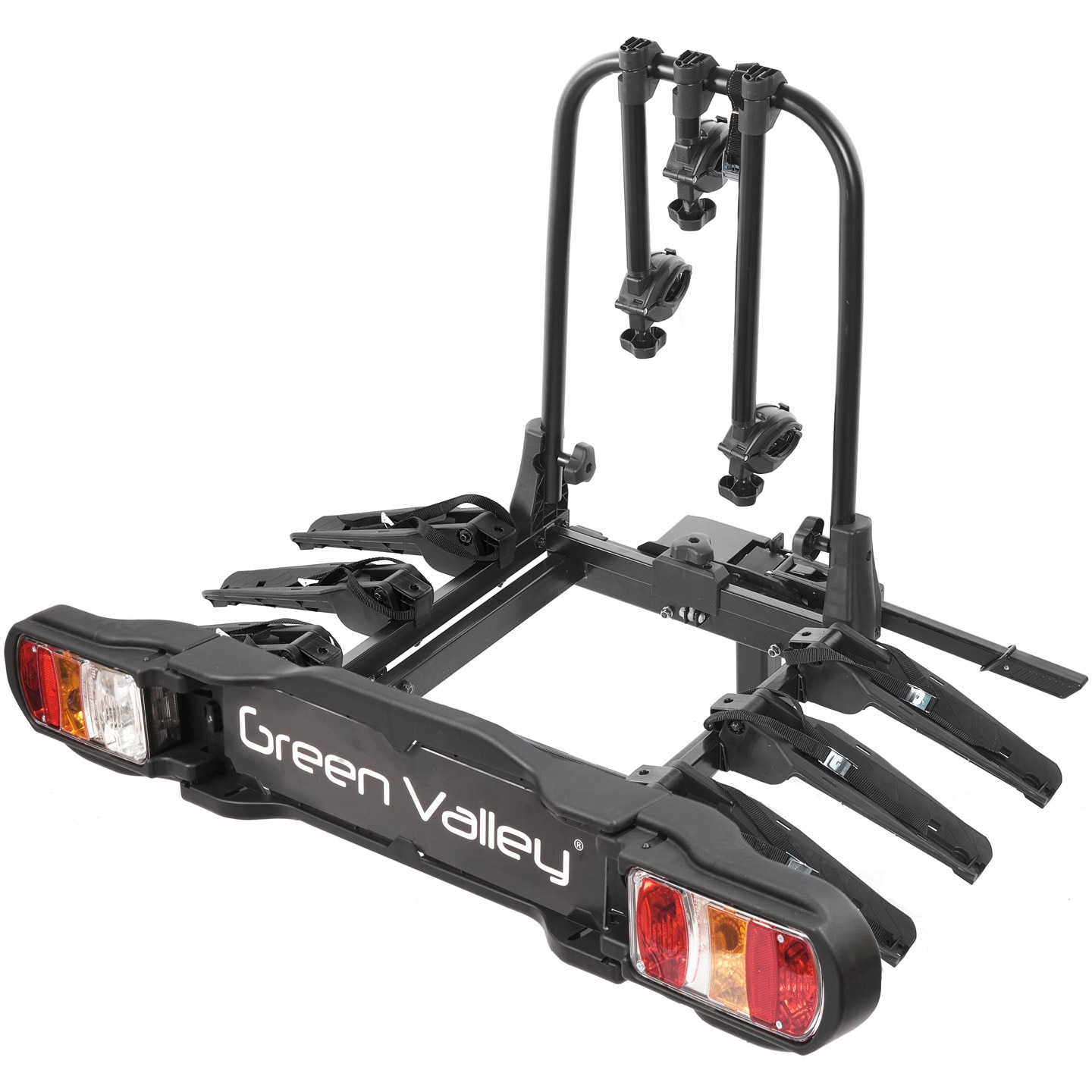 Fotografie Suport pentru 3 biciclete Green Valley Discovery, prindere pe carligul de remorcare,sistem de basculare,compatibil cu anvelope de pana la 2,6" grosime,negru