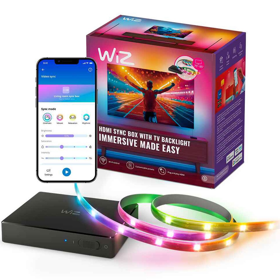 Fotografie Sync Box HDMI 2.0 WiZ pentru iluminat fundal TV, 4K la 60 Hz, HDR10+, Dolby Vision, Banda LED RGBIC TV Backlight 75-85 inch