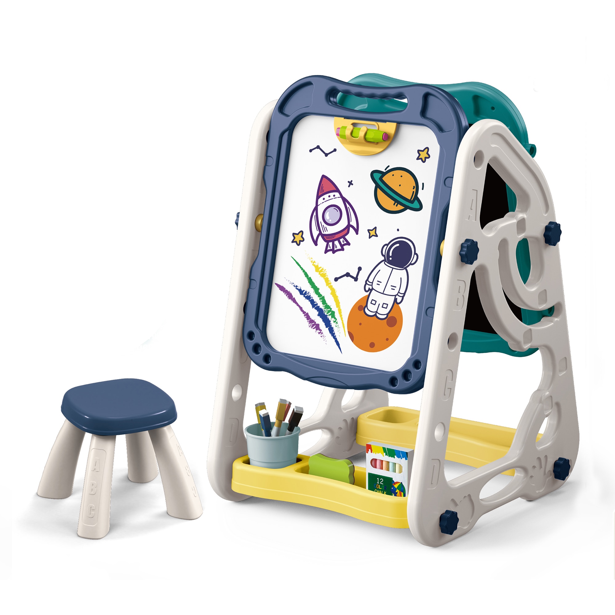Fotografie Tabla multifunctionala Mappy Double, transformabila, cu doua fete si scaun, albastru