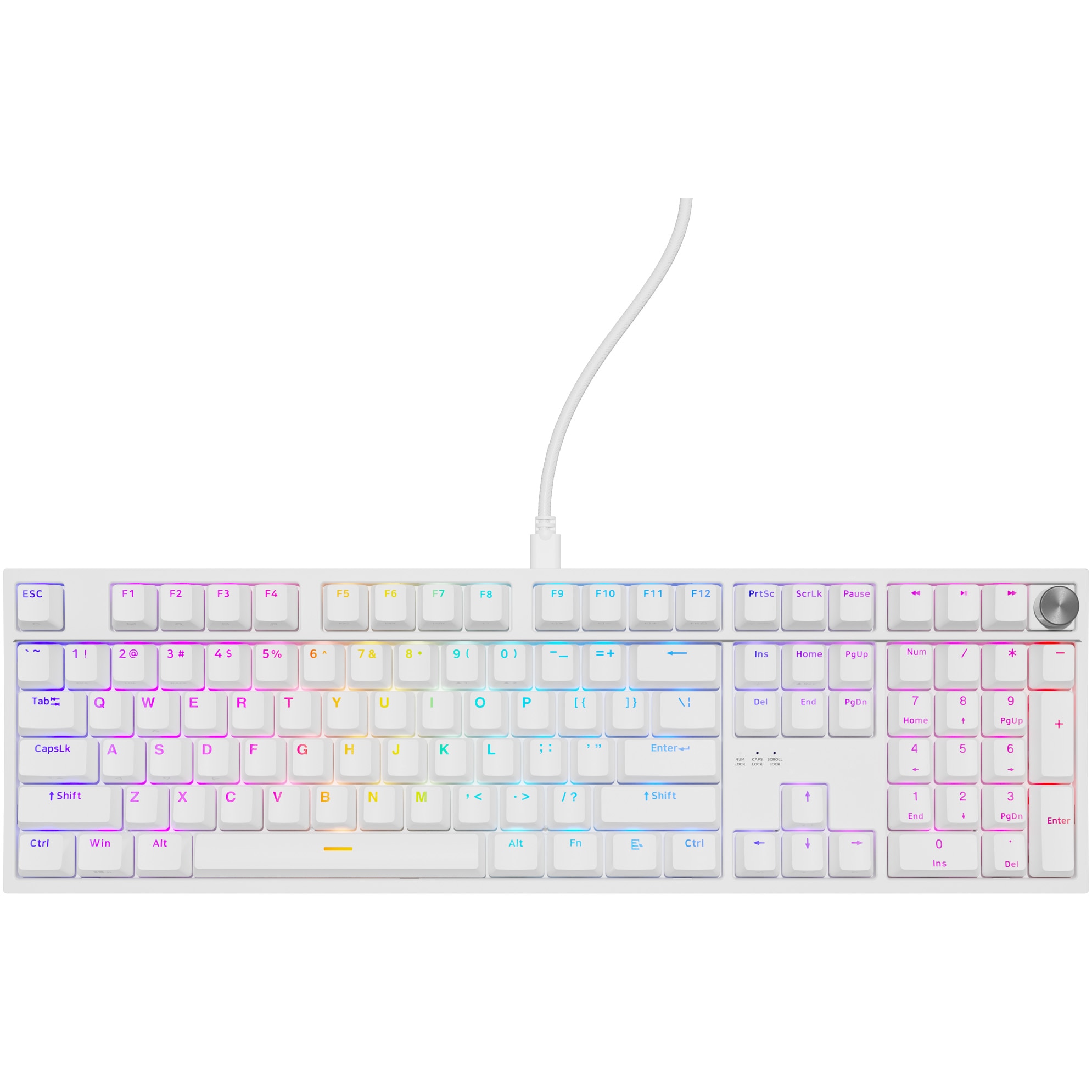 Fotografie Tastatura gaming mecanica cu fir Genesis Thor 404 , iluminare RGB, switch Linear, switch model Outemu Peach Silent V3 5-pin, numar taste 107, 11 butoane multimedia, lungime cablu 1.8m, dimensiuni 439 x 133 x41 mm, alb
