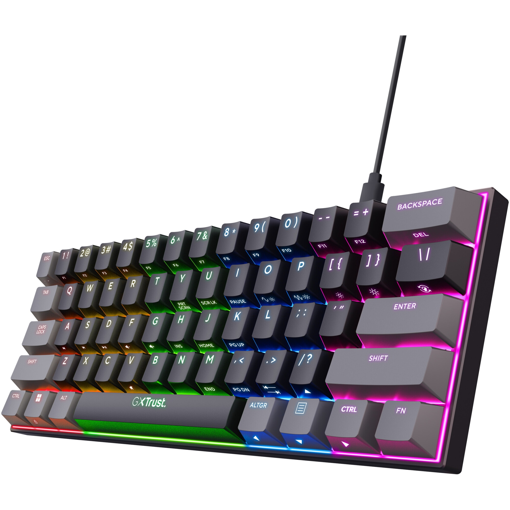 Fotografie Tastatura Gaming Mecanica ultracompacta Trust GXT867 ACIRA 60%, iluminare RGB, programabila, Switch Red Outemu, cablu 1.5 m, Negru