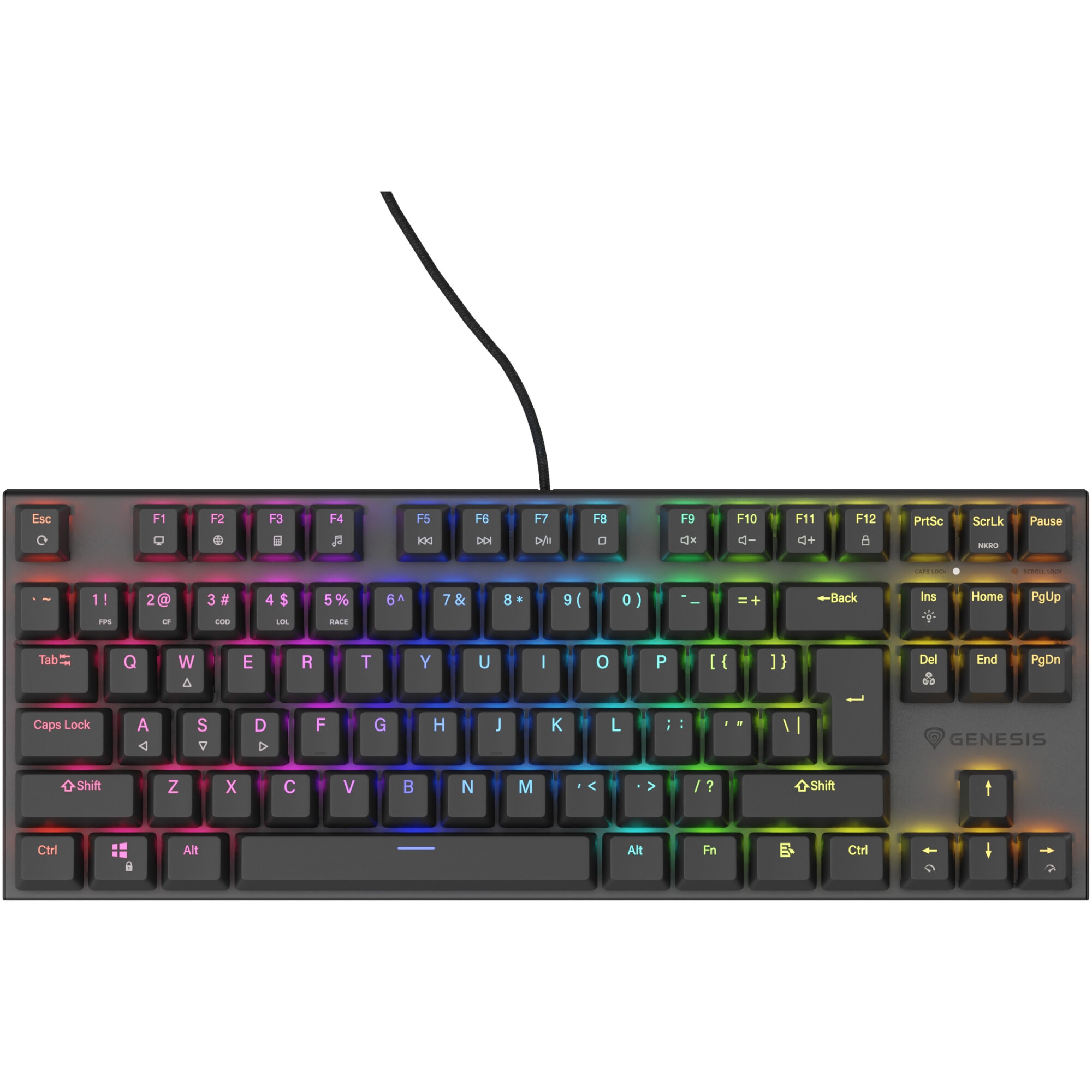 Fotografie Tastatura Mecanica Gaming cu fir Genesis THOR 303, OUTEMU Red Switch, Hot Swap, Tip TKL Compact Carry-On, FULL Anti-Ghosting, Software, Taste Iluminate RGB LED, Cablu Braided 1.8m, 2 Contacte Mecanice Suplimentare, Aluminiu