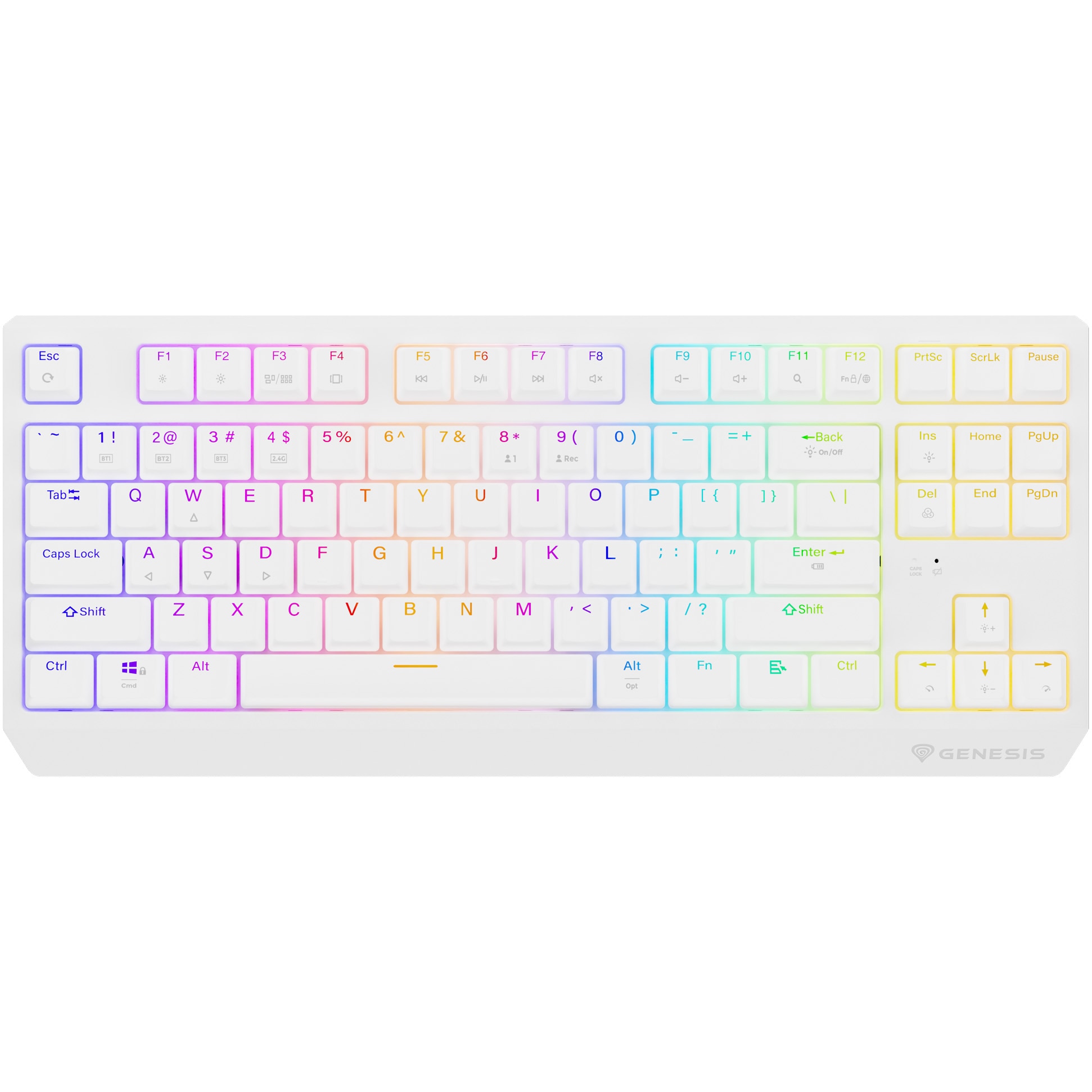 Fotografie Tastatura Wireless Gaming Genesis THOR 230, Red OUTEMU Switch, Hot Swap, Tastatura Bluetooth Format TKL Compact Carry-On, FULL Anti-Ghosting, Software, Taste Iluminate LED, 2 Contacte Mecanice Suplimentare, BT, 2.4GHZ, USB,Alb