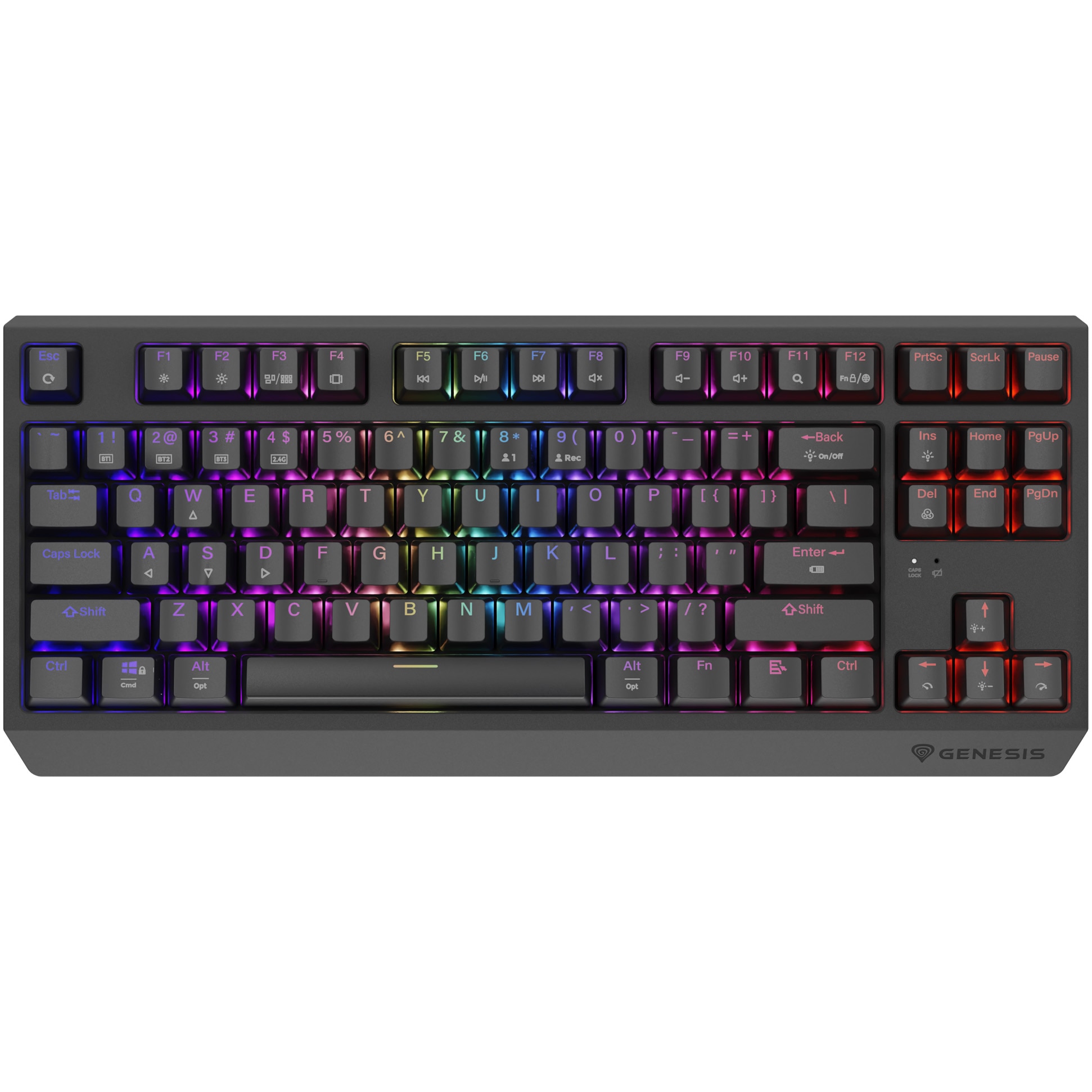 Fotografie Tastatura Wireless Gaming Genesis THOR 230, Red OUTEMU Switch, Hot Swap, Tastatura Bluetooth Format TKL Compact Carry-On, FULL Anti-Ghosting, Software, Taste Iluminate LED, 2 Contacte Mecanice Suplimentare, BT, 2.4GHZ, USB, Negru
