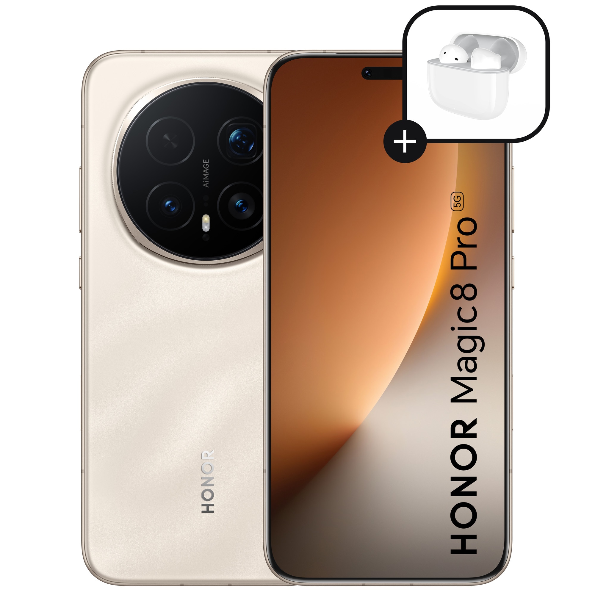 Fotografie Telefon mobil Honor Magic 8 Pro, Dual SIM, 12GB RAM, 512GB, Sunrise Gold - Casti Honor Choice Earbuds X7e Active incluse