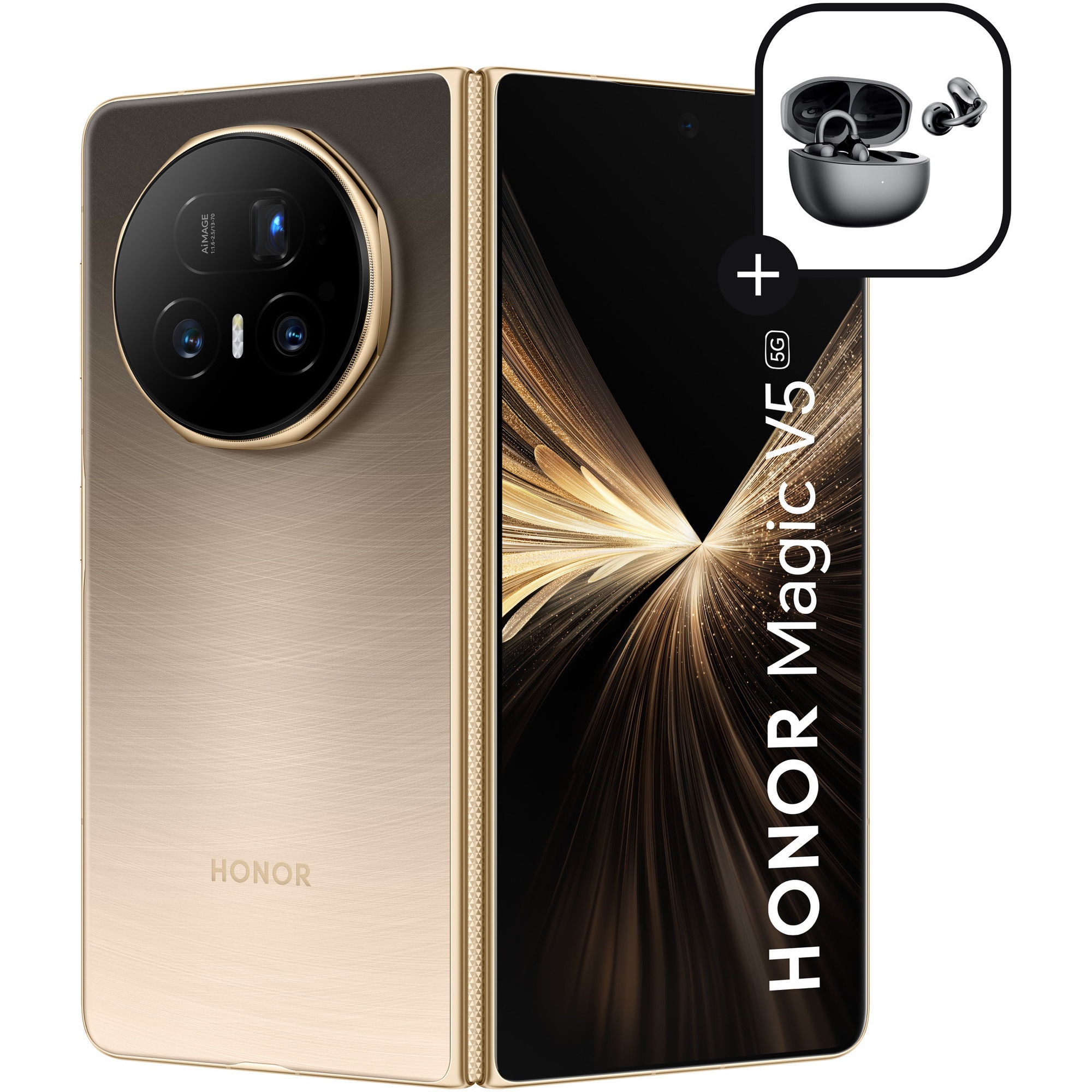 Fotografie Telefon mobil HONOR Magic V5, Dual SIM, 16GB RAM, 512GB, 5G, Dawn Gold + Casti HONOR Choice Earbuds Clip Black