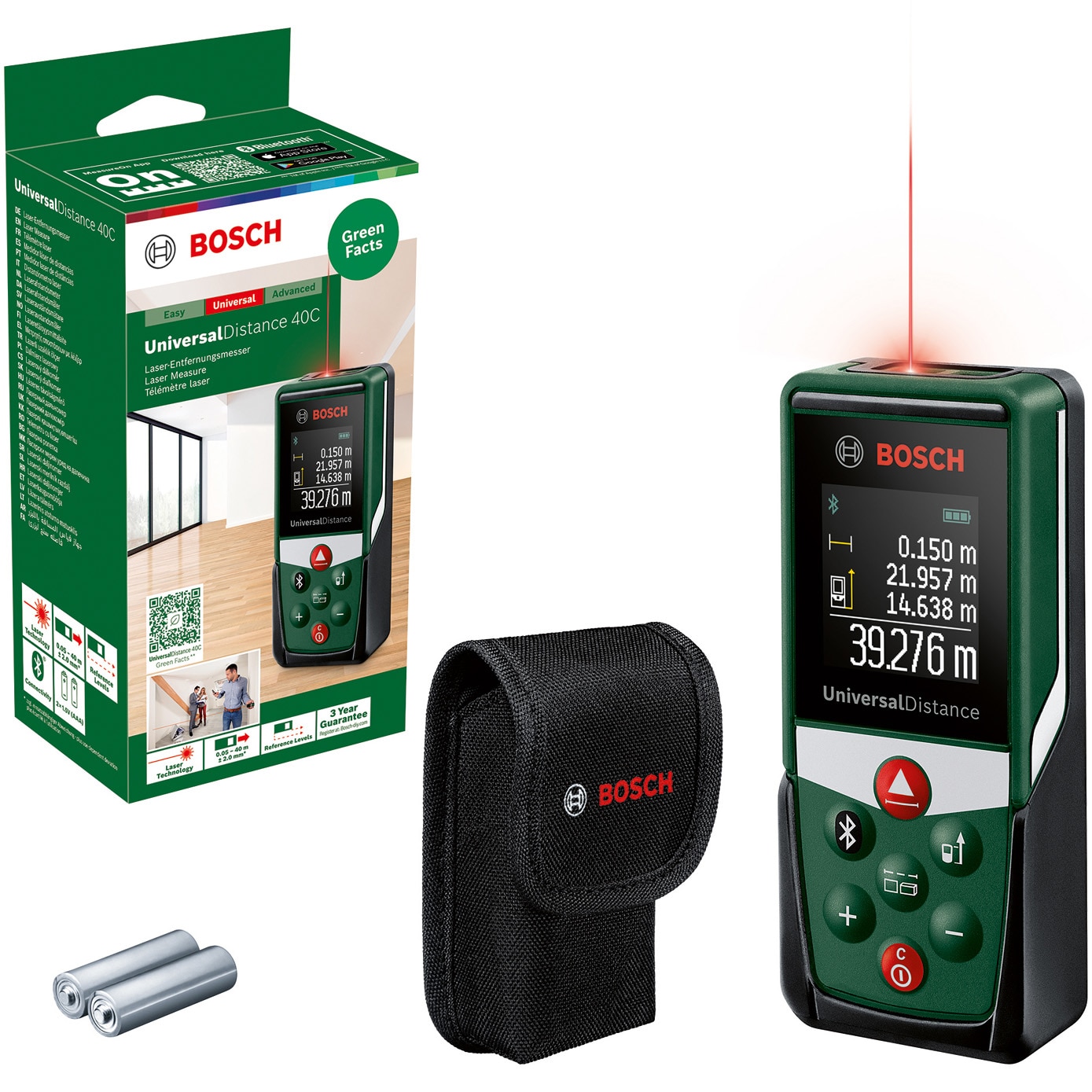 Fotografie Telemetru Bosch UniversalDistance 40C 06036721Z0, masurarea precisa cu laser a distantelor de pana la 40 m, conectivitate bluetooth, masurare lungimi, suprafete si volume