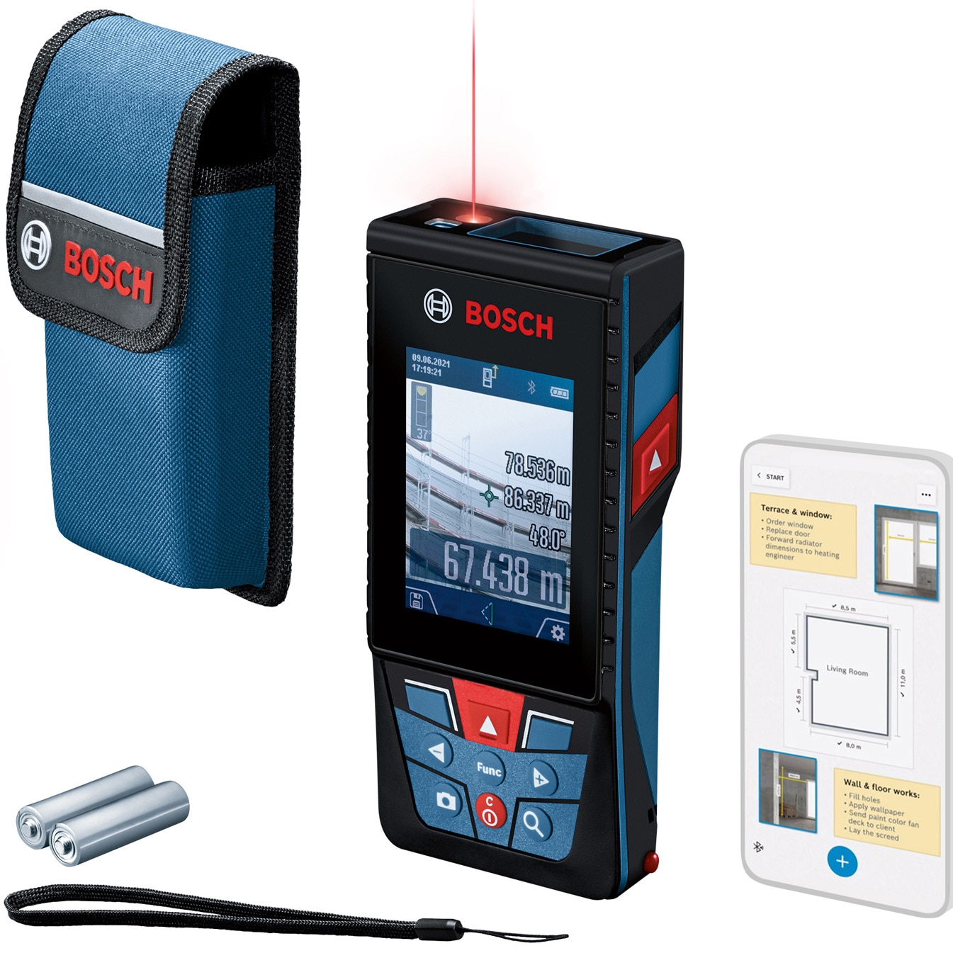 Fotografie Telemetru cu laser Bosch 0601072Z00, 150 m domeniu maxim de lucru, 50 valori memorate, Bluetooth, 650 nm dioda laser, cablu micri USB, curea transport, geanta protectie