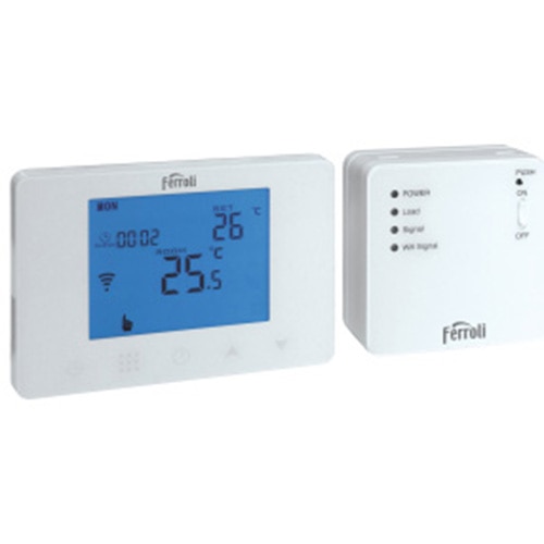 Fotografie Termostat inteligent de ambient pentru centrala Ferroli FER 309, Wi-Fi, cu receptor RF, afisaj digital iluminat, touchscreen, control vocal