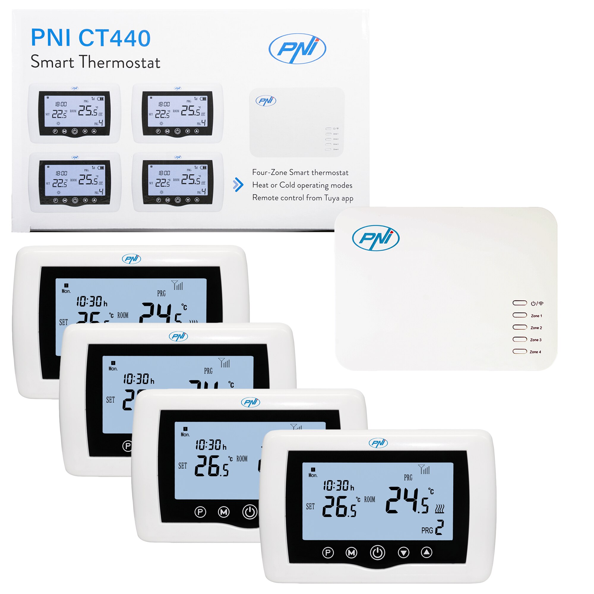 Fotografie Termostat inteligent PNI CT440 fara fir, cu WiFi, control 4 zone prin Internet, pentru centrale termice, pompe, electrovalve, APP TuyaSmart