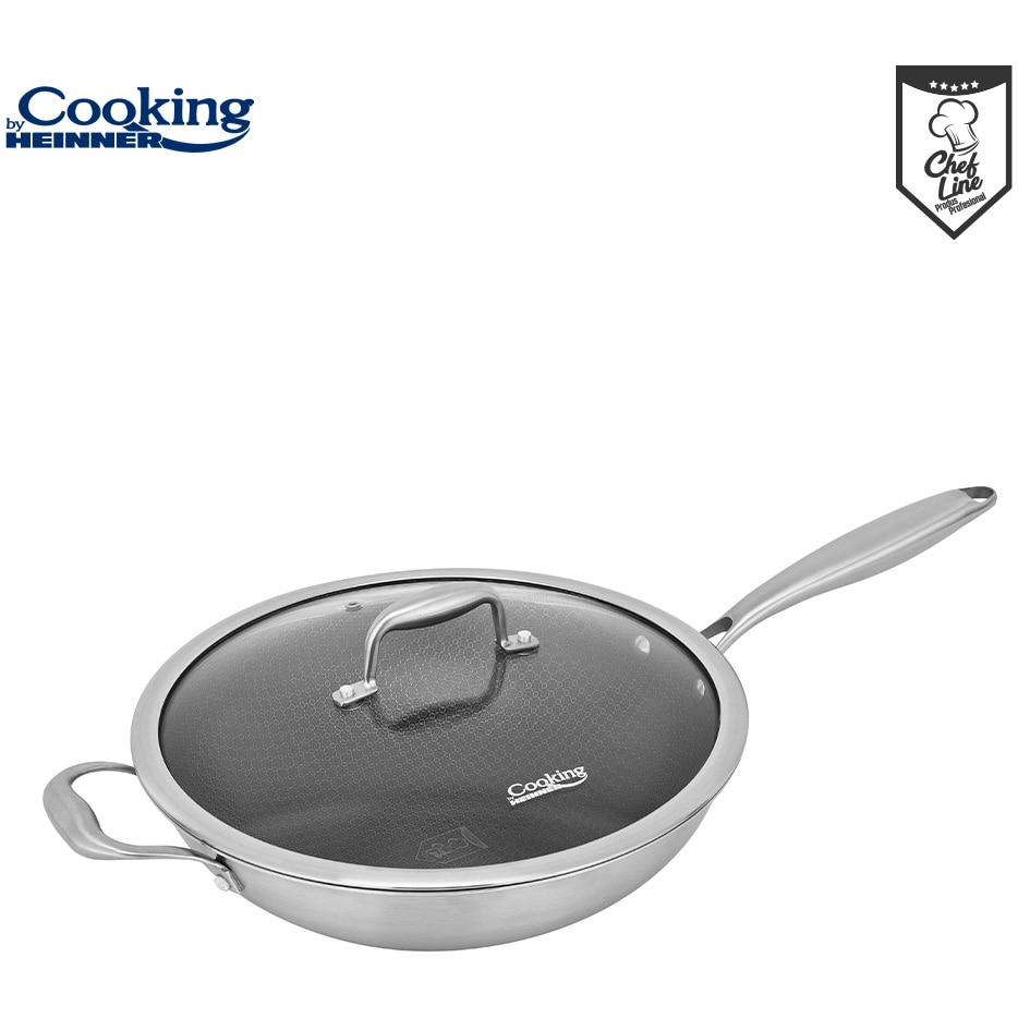 Fotografie Tigaie wok cu capac sticla Cooking by Heinner Titanium, 3 straturi, inox, inductie, 30 x 8.5 cm, 4.5 L