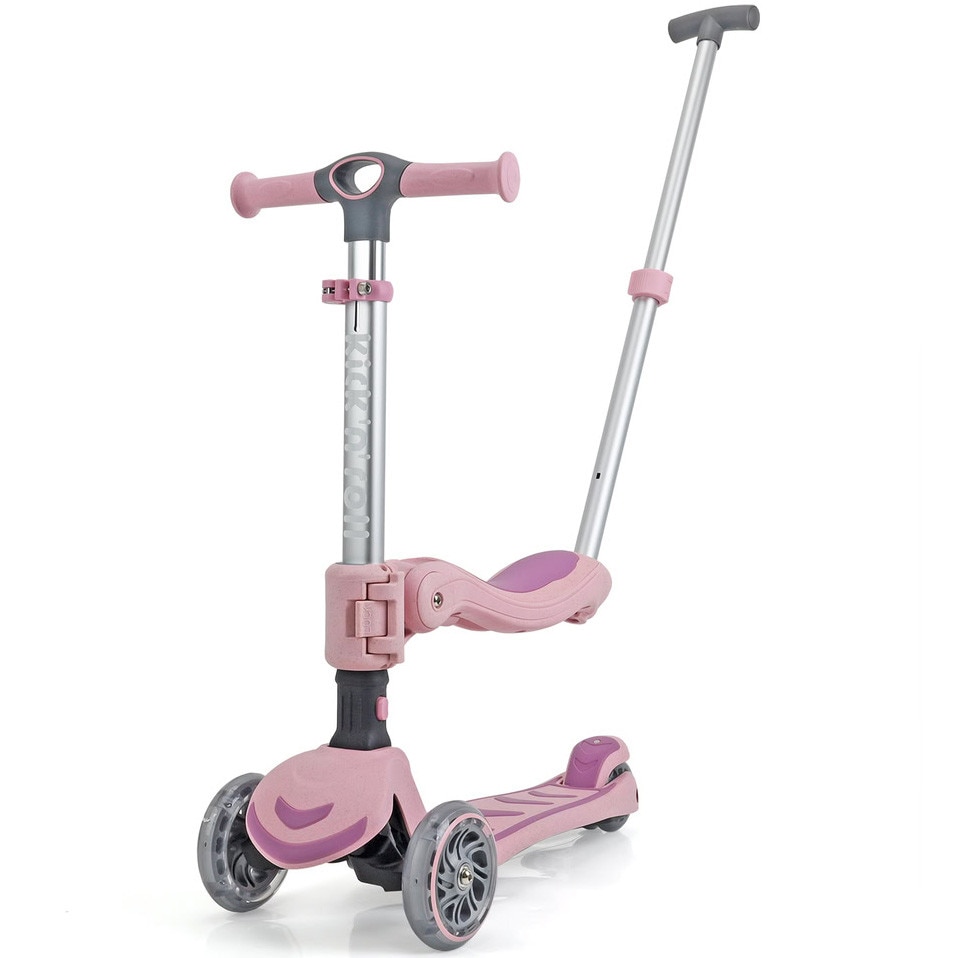 Fotografie Trotineta copii pliabila 3 in 1, roz, Kick'n'Roll S6 ECO, cu bara de impingere detasabila, ghidon reglabil, scaun detasabil, cu 3 roti luminoase, 3+ ani, suport maxim 50 kg platforma, suport maxim 20 kg scaun