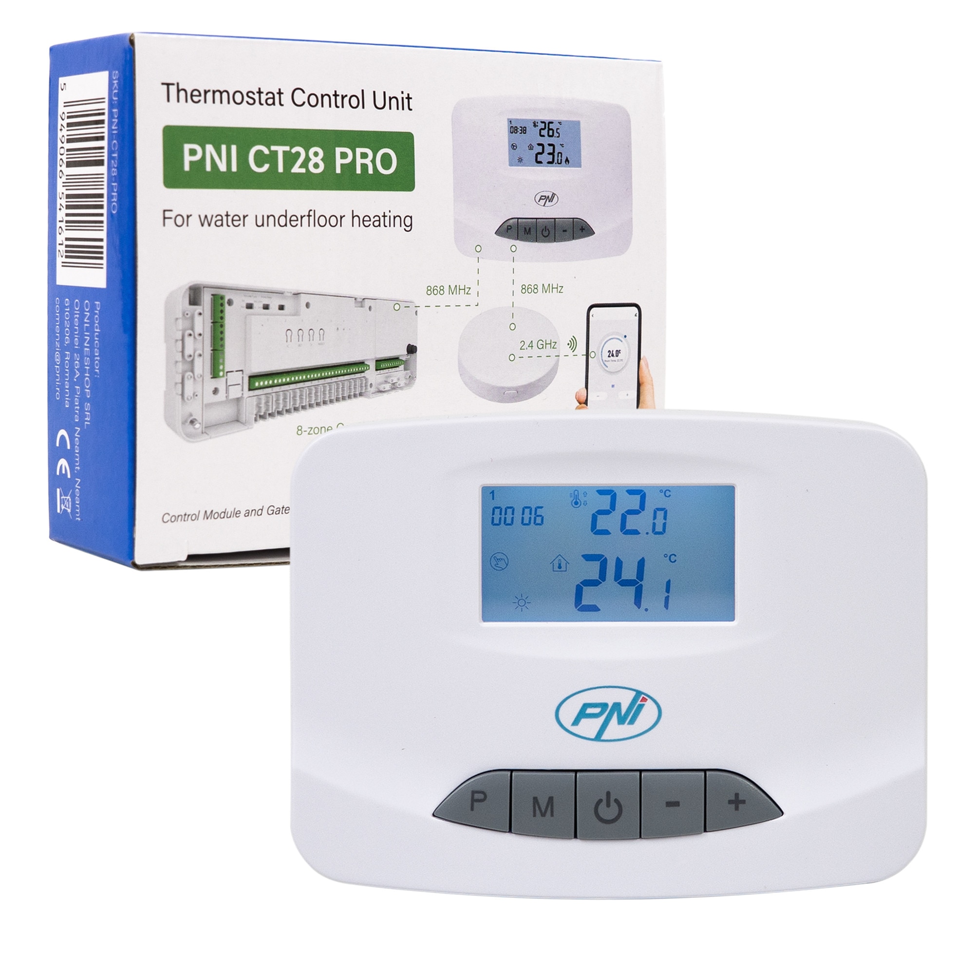 Fotografie Unitate comanda termostat PNI CT28 PRO fara fir, pentru incalzire in pardoseala compatibil cu Modul de control electrovane PNI CT28M si cu Hub PNI CT28WIFI pentru control din aplicatia Tuya Smart