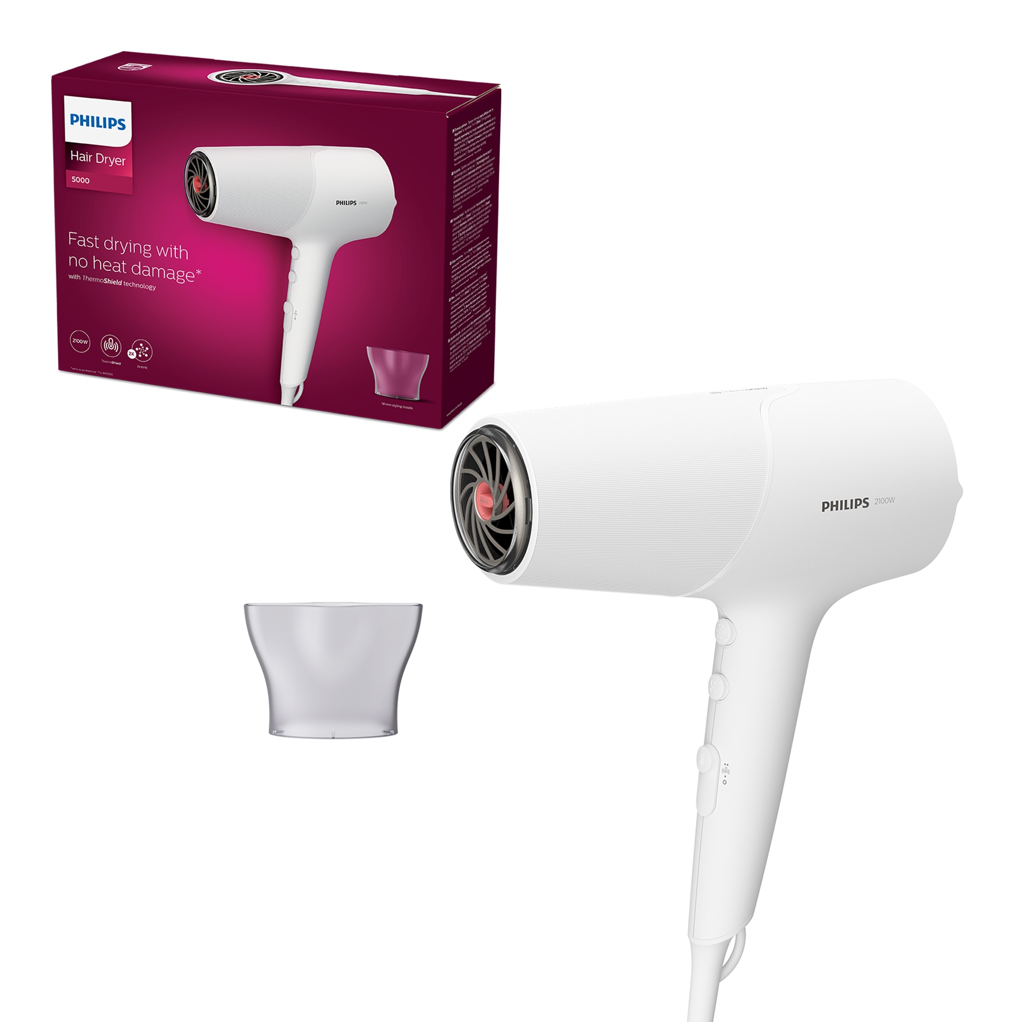 Fotografie Uscator de par Philips BHD500/00, 2100W, tehnologie ThermoShield, ingrijire cu ioni, 2 setari de viteza, 3 setari de temperatura, cap de coafare 14 mm, Alb