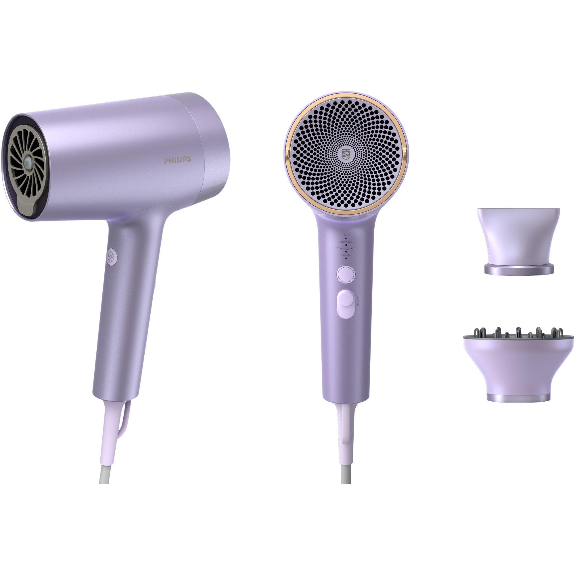 Fotografie Uscator de par Philips Seria 7000 BHD720/10, 1800W, tehnologie ThermoShield Advanced, ingrijire cu ioni minerali, 2 setari de viteza, 4 setari de temperatura, cap de coafare 11 mm, difuzor magnetic, Violet metalizat