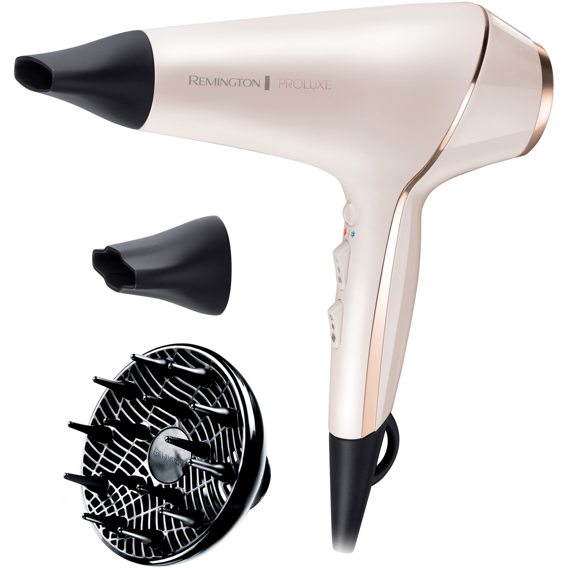 Fotografie Uscator de par Remington PROluxe AC9140, 2400 W, Ionizare, OPTIheat, Functie PRO+ Style Shot, 3 trepte temperatura, 2 viteze, Cool Shot, 2 concentratoare, Difuzor, Alb