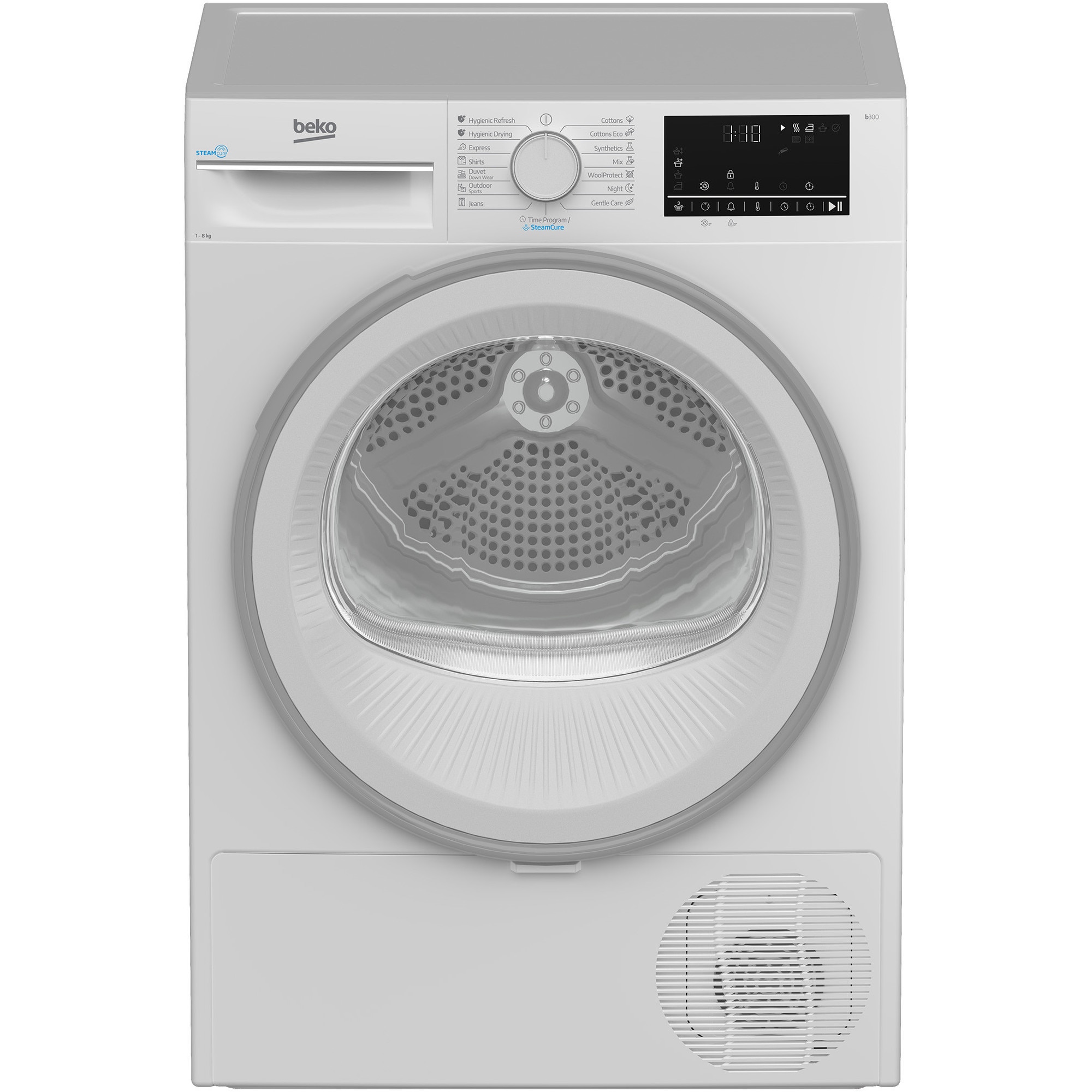 Fotografie Uscator de rufe Beko B3T42242, Pompa de caldura, 8 kg, 15 programe, Clasa C, RecycledDry, Motor ProSmart™ Inverter, OptiSense, Aquawave®, Alb