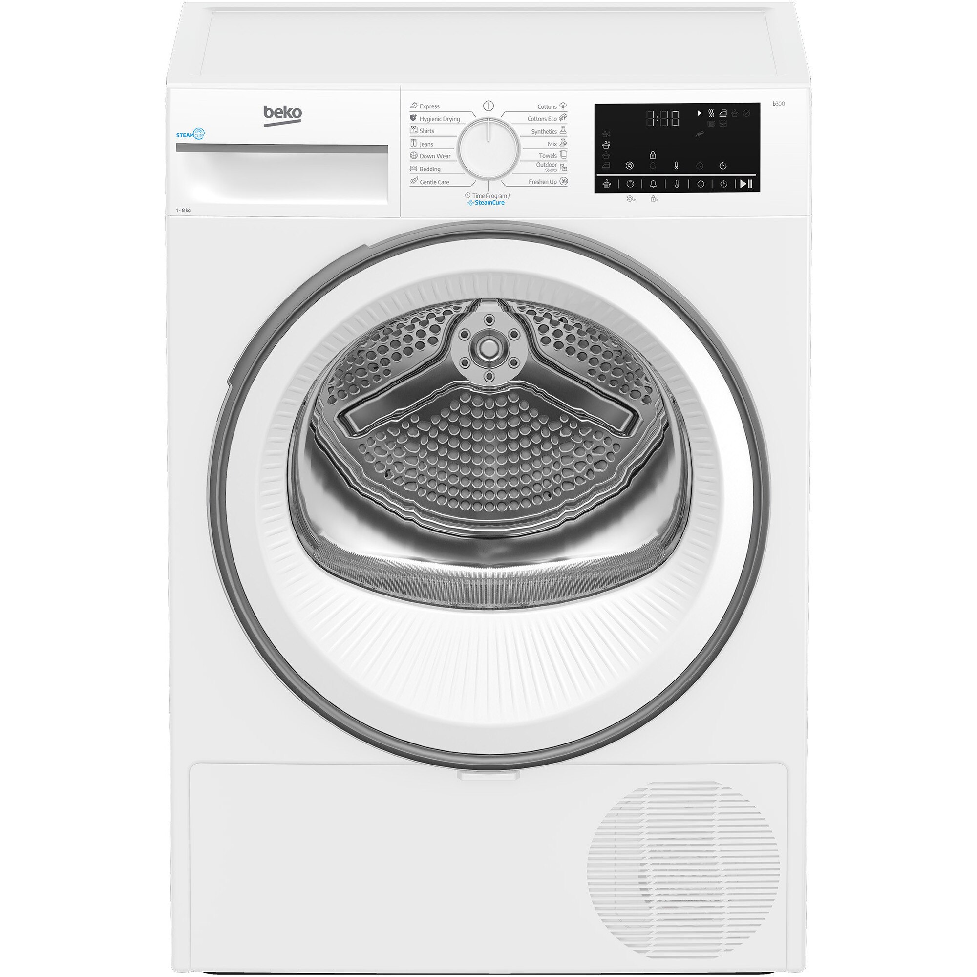 Fotografie Uscator de rufe Beko B3T48239WEU, Pompa de caldura, 8 kg, 15 programe, Clasa D, Alb, SteamCure, RecycledDry, EcoGentle, Aquawave