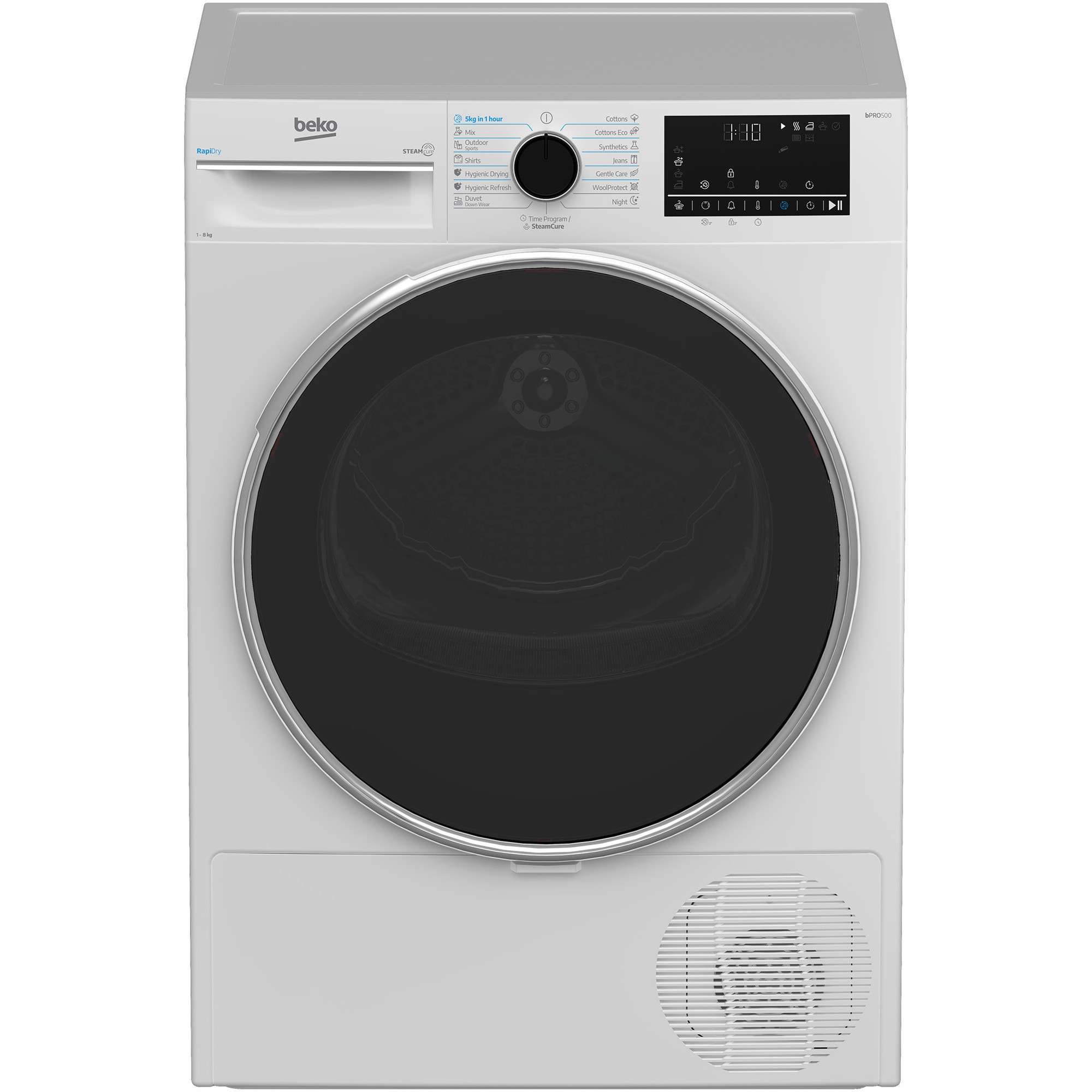 Fotografie Uscator de rufe Beko B5T68247, Pompa de caldura, 8 kg, 15 programe, Clasa C, RapiDry, RecycledDry, SteamCure, Motor ProSmart Inverter, AquaWave, OptiSense, GentleCare, Alb