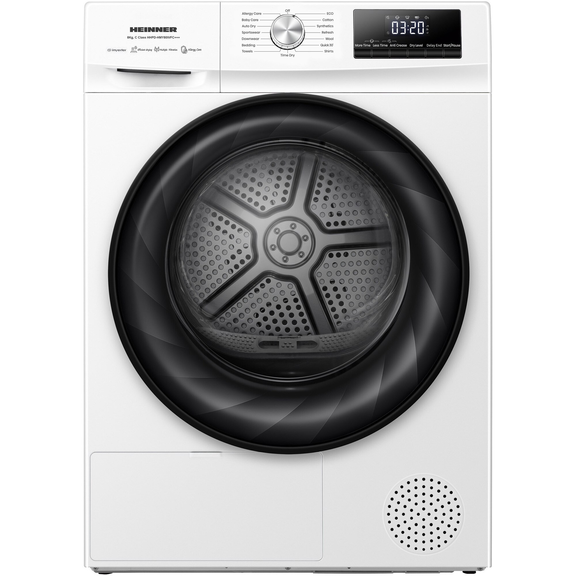 Fotografie Uscator de rufe cu pompa de caldura Heinner HHPD-HMY80IVFC+++, 8 kg, 15 programre, Clasa C, Motor inverter,Program rapid 30 min, Program eco, Senzor de umiditate, Blocare acces copii, Alb