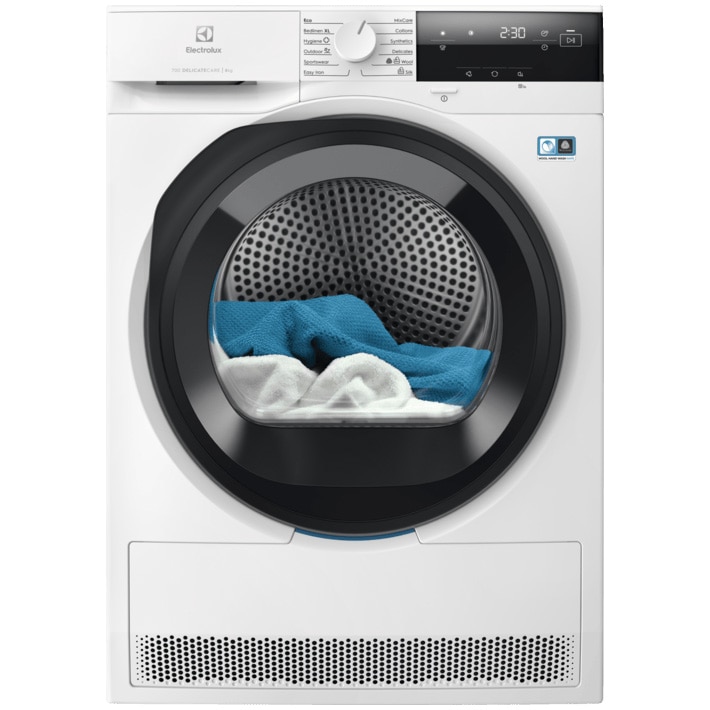 Fotografie Uscator de rufe Electrolux EW7D385AE, Pompa de caldura, 8 kg, Clasa C, Sistem uscare DelicateCare + Sensicare, motor Inverter, Iluminare interioara tambur, Usa reversibila, Alb