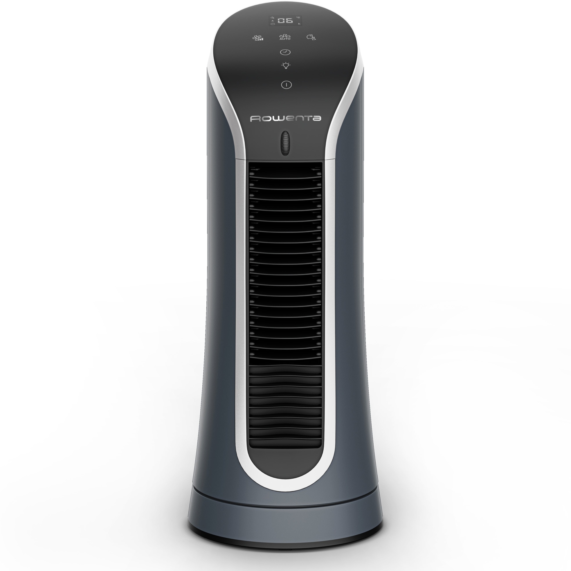 Fotografie Ventilator mini turn Rowenta Eole Compact VU6220F0, 11W, 6 trepte de viteza, ecran LED, oprire automata, timer 8 ore, design compact, functie de noapte, negru & albastru